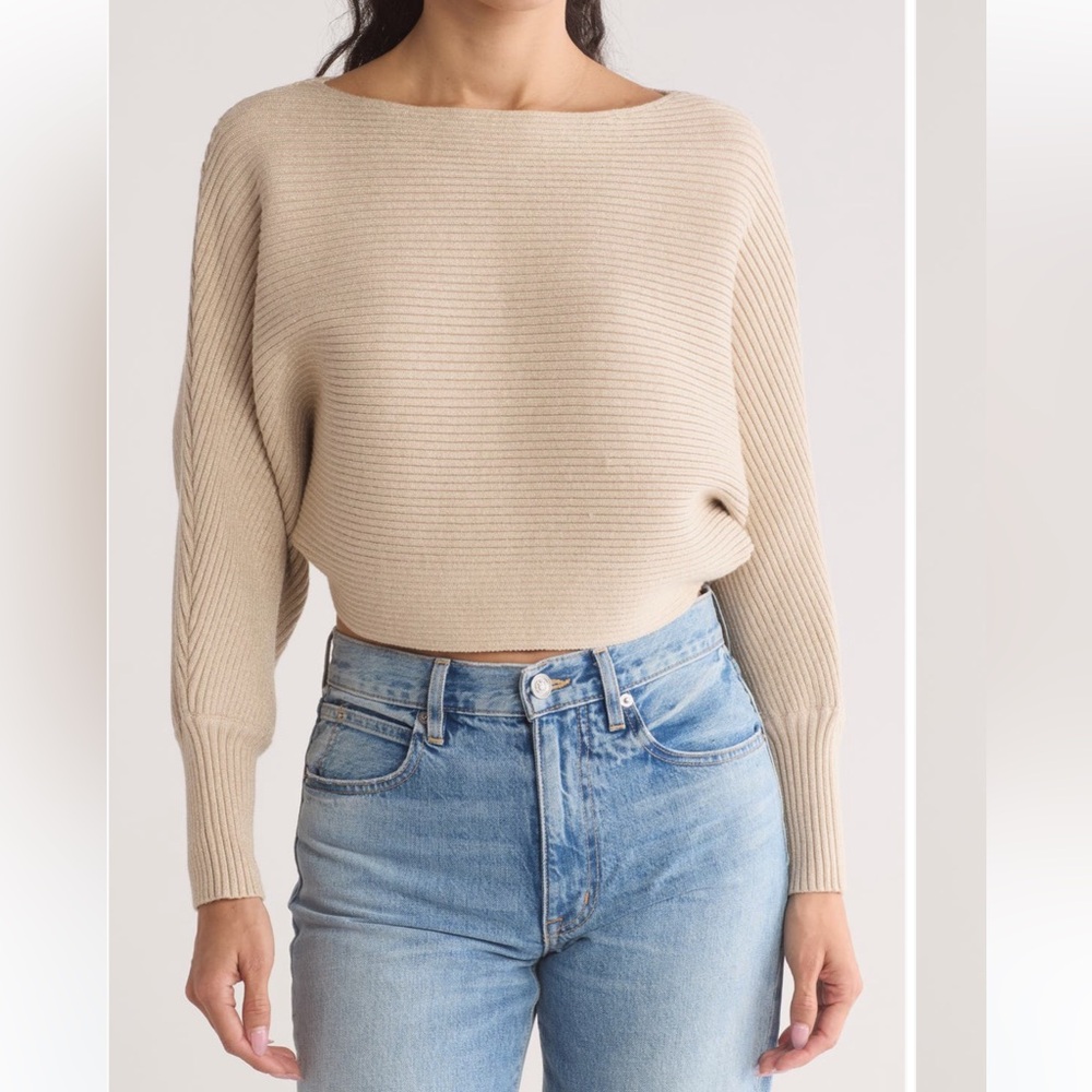 Tan Boat Neck Cropped Sweater